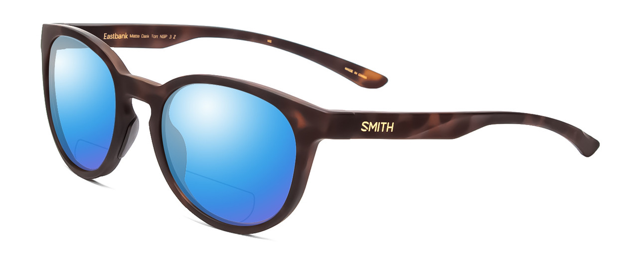 Profile View of Smith Optics Eastbank Designer Polarized Reading Sunglasses with Custom Cut Powered Blue Mirror Lenses in Matte Tortoise Havana Brown Gold Unisex Round Full Rim Acetate 52 mm