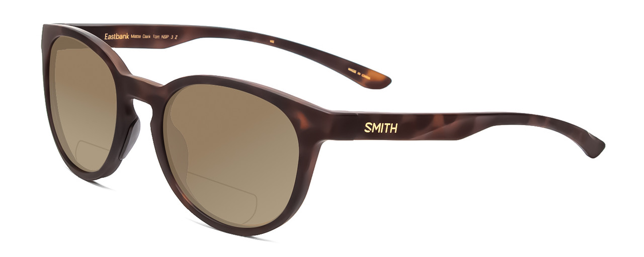 Profile View of Smith Optics Eastbank Designer Polarized Reading Sunglasses with Custom Cut Powered Amber Brown Lenses in Matte Tortoise Havana Brown Gold Unisex Round Full Rim Acetate 52 mm