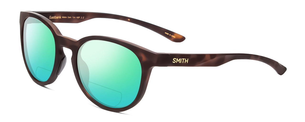 Profile View of Smith Optics Eastbank Designer Polarized Reading Sunglasses with Custom Cut Powered Green Mirror Lenses in Matte Tortoise Havana Brown Gold Unisex Round Full Rim Acetate 52 mm