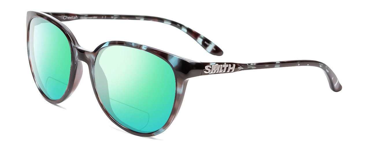 Profile View of Smith Optics Cheetah Designer Polarized Reading Sunglasses with Custom Cut Powered Green Mirror Lenses in Sky Tortoise Havana Marble Brown Ladies Cateye Full Rim Acetate 54 mm