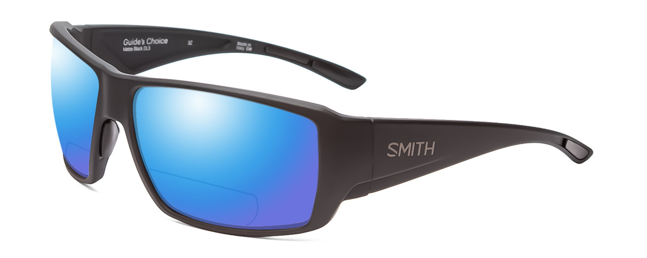 Profile View of Smith Optics Guides Choice Designer Polarized Reading Sunglasses with Custom Cut Powered Blue Mirror Lenses in Matte Black Unisex Square Full Rim Acetate 62 mm