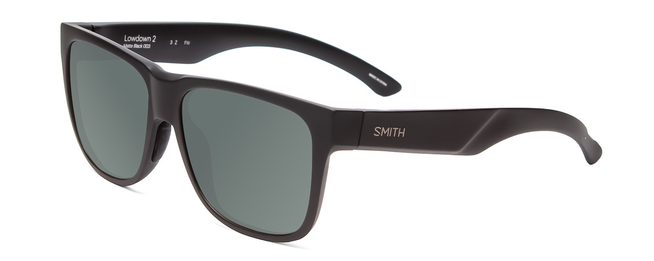 Profile View of Smith Optics Lowdown 2 Designer Polarized Sunglasses with Custom Cut Smoke Grey Lenses in Matte Black Unisex Square Full Rim Acetate 55 mm