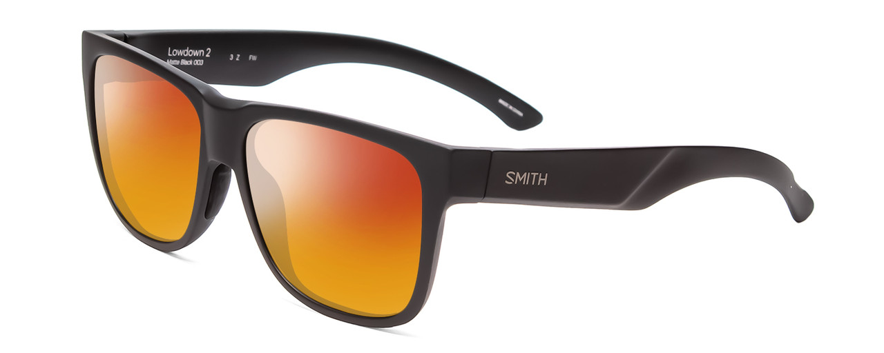 Profile View of Smith Optics Lowdown 2 Designer Polarized Sunglasses with Custom Cut Red Mirror Lenses in Matte Black Unisex Square Full Rim Acetate 55 mm