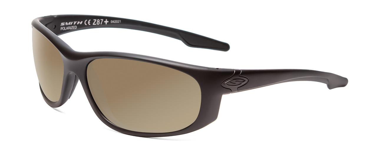 Profile View of Smith Optics Chamber Designer Polarized Sunglasses with Custom Cut Amber Brown Lenses in Matte Black Unisex Wrap Full Rim Acetate 65 mm