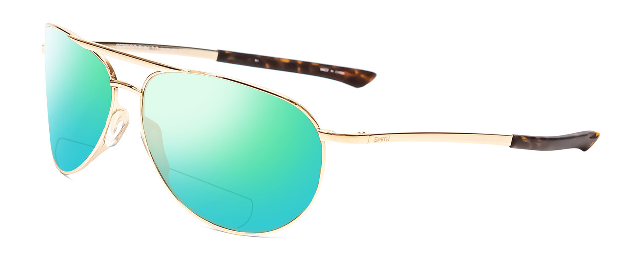 Profile View of Smith Optics Serpico Slim 2 Designer Polarized Reading Sunglasses with Custom Cut Powered Green Mirror Lenses in Gold Tortoise Unisex Aviator Full Rim Metal 60 mm