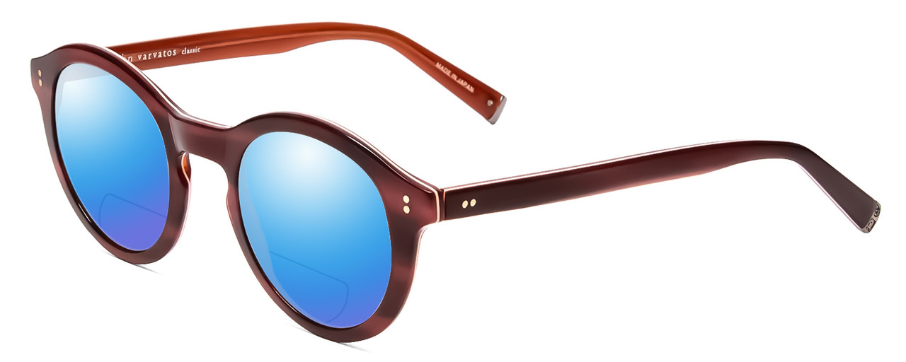 Profile View of John Varvatos V519 Designer Polarized Reading Sunglasses with Custom Cut Powered Blue Mirror Lenses in Crystal Red Horn Marble Unisex Round Full Rim Acetate 47 mm