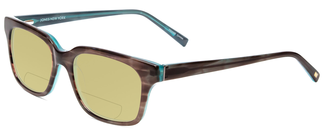 Profile View of Jones New York J753 Designer Polarized Reading Sunglasses with Custom Cut Powered Sun Flower Yellow Lenses in Brown Marble Crystal Azure Blue Unisex Square Full Rim Acetate 52 mm