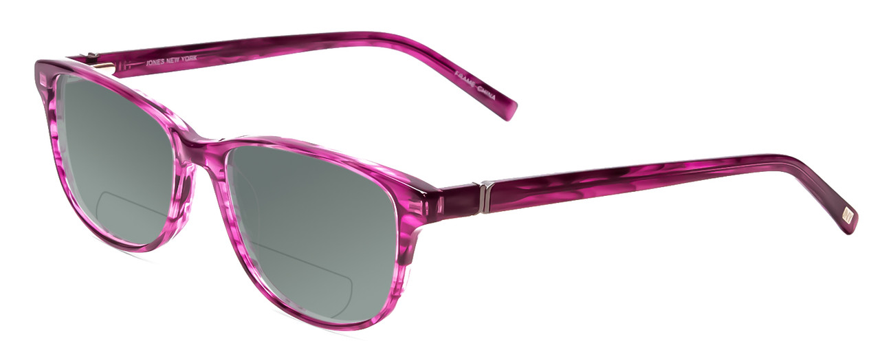 Profile View of Jones New York J759 Designer Polarized Reading Sunglasses with Custom Cut Powered Smoke Grey Lenses in Pink Crystal Stripe Ladies Classic Full Rim Acetate 52 mm