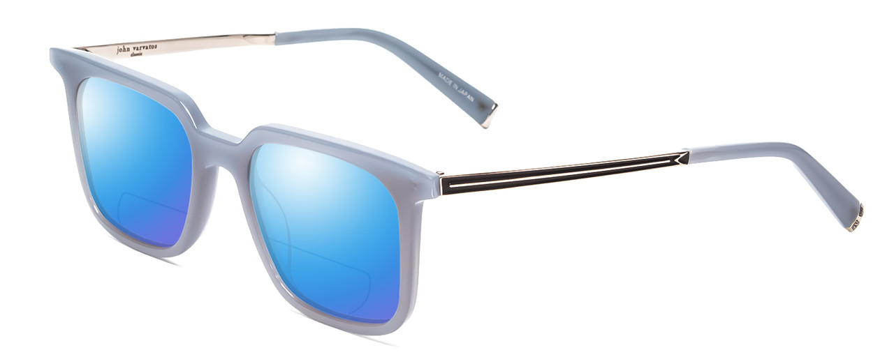 Profile View of John Varvatos V521 Designer Polarized Reading Sunglasses with Custom Cut Powered Blue Mirror Lenses in Storm Crystal Blue Unisex Square Full Rim Acetate 52 mm