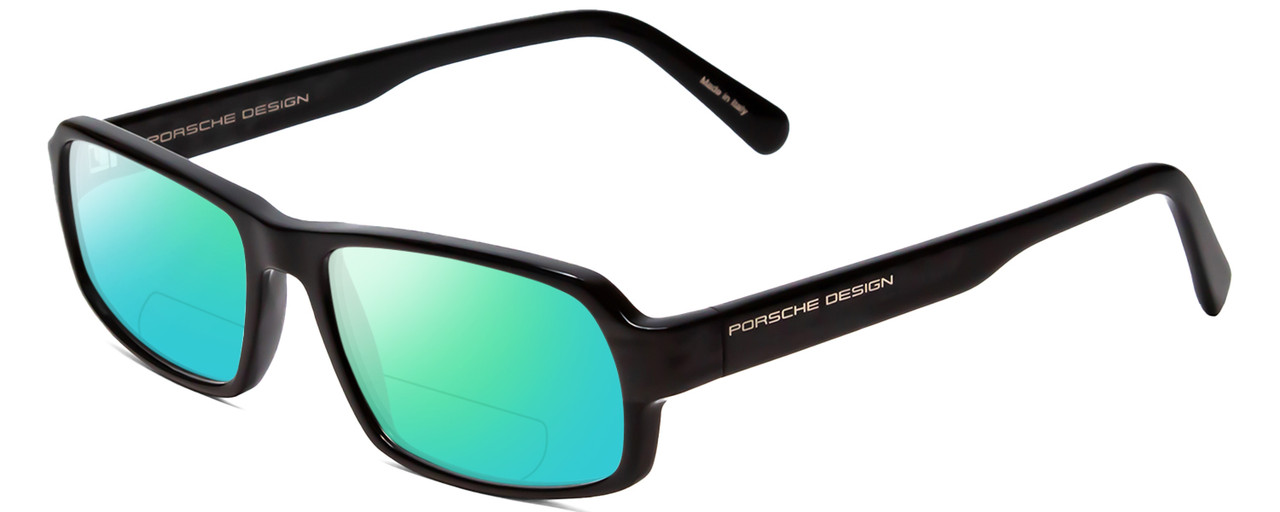 Profile View of Porsche Designs P8215-A Designer Polarized Reading Sunglasses with Custom Cut Powered Green Mirror Lenses in Black Carbon Fiber Unisex Square Full Rim Acetate 55 mm