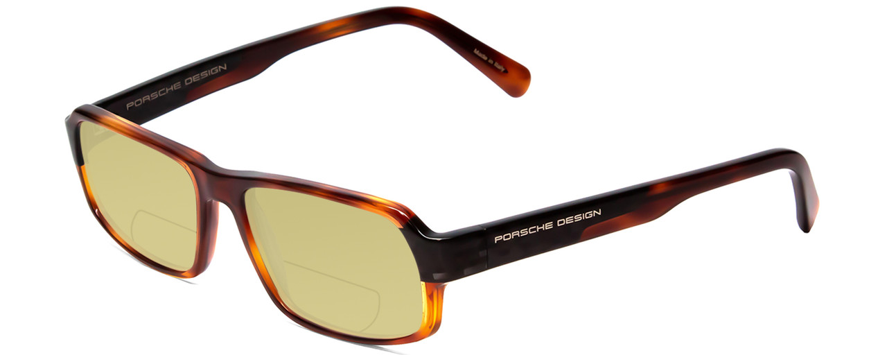 Profile View of Porsche Designs P8215-B Designer Polarized Reading Sunglasses with Custom Cut Powered Sun Flower Yellow Lenses in Havana Tortoise Brown Gold Carbon Fiber Unisex Square Full Rim Acetate 55 mm