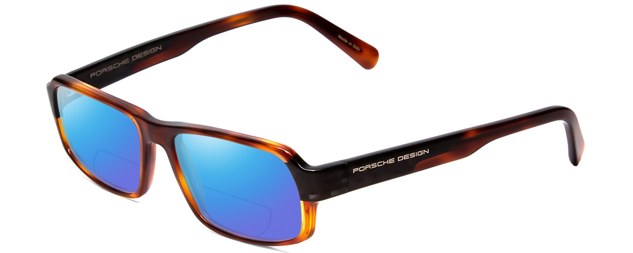 Profile View of Porsche Designs P8215-B Designer Polarized Reading Sunglasses with Custom Cut Powered Blue Mirror Lenses in Havana Tortoise Brown Gold Carbon Fiber Unisex Square Full Rim Acetate 55 mm