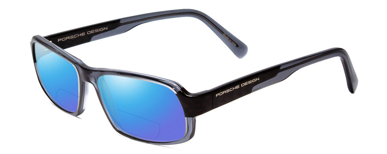 Profile View of Porsche Designs P8215-C Designer Polarized Reading Sunglasses with Custom Cut Powered Blue Mirror Lenses in Crystal Blue Grey Carbon Fiber Unisex Square Full Rim Acetate 55 mm