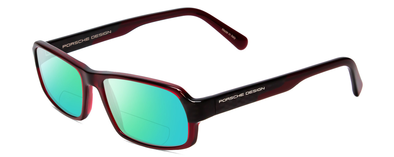 Profile View of Porsche Designs P8215-D Designer Polarized Reading Sunglasses with Custom Cut Powered Green Mirror Lenses in Crystal Burgundy Red Carbon Fiber Unisex Square Full Rim Acetate 55 mm