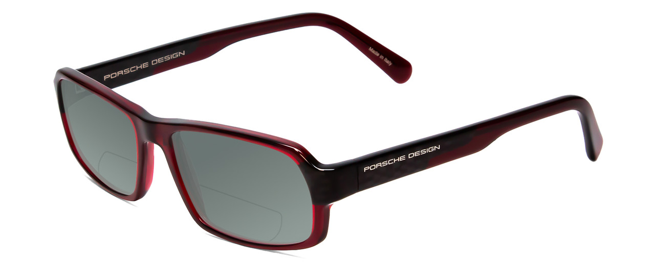 Profile View of Porsche Designs P8215-D Designer Polarized Reading Sunglasses with Custom Cut Powered Smoke Grey Lenses in Crystal Burgundy Red Carbon Fiber Unisex Square Full Rim Acetate 55 mm