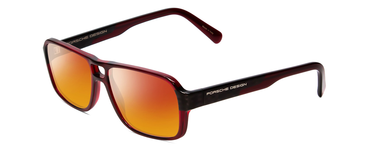 Profile View of Porsche Designs P8217-D Designer Polarized Sunglasses with Custom Cut Red Mirror Lenses in Crystal Dark Red Carbon Fiber Unisex Square Full Rim Acetate 56 mm