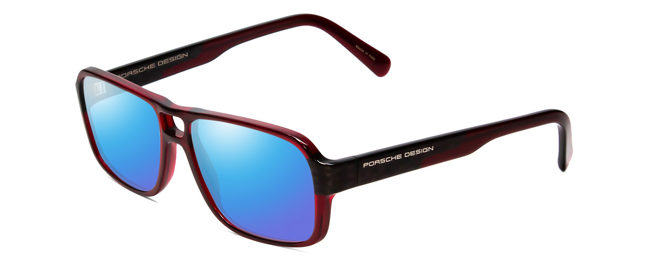 Profile View of Porsche Designs P8217-D Designer Polarized Sunglasses with Custom Cut Blue Mirror Lenses in Crystal Dark Red Carbon Fiber Unisex Square Full Rim Acetate 56 mm