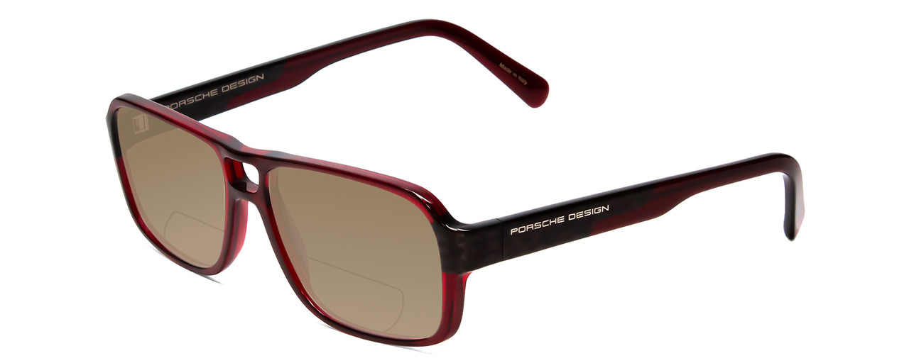 Profile View of Porsche Designs P8217-D Designer Polarized Reading Sunglasses with Custom Cut Powered Amber Brown Lenses in Crystal Dark Red Carbon Fiber Unisex Square Full Rim Acetate 56 mm