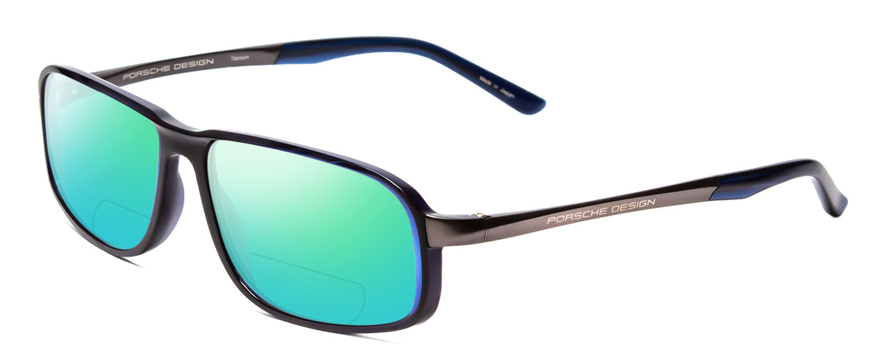 Profile View of Porsche Designs P8229-D Designer Polarized Reading Sunglasses with Custom Cut Powered Green Mirror Lenses in Crystal Blue & Gun Metal Unisex Oval Full Rim Titanium 57 mm