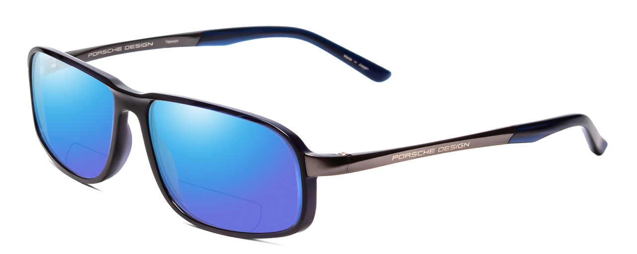 Profile View of Porsche Designs P8229-D Designer Polarized Reading Sunglasses with Custom Cut Powered Blue Mirror Lenses in Crystal Blue & Gun Metal Unisex Oval Full Rim Titanium 57 mm