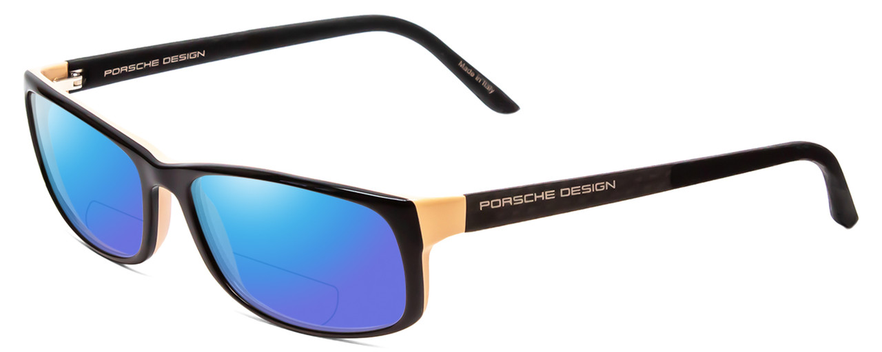 Profile View of Porsche Designs P8243-A Designer Polarized Reading Sunglasses with Custom Cut Powered Blue Mirror Lenses in Black Rose Pink/Matte Unisex Oval Full Rim Acetate 54 mm