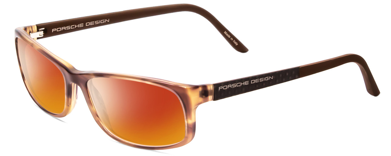 Profile View of Porsche Designs P8243-B Designer Polarized Sunglasses with Custom Cut Red Mirror Lenses in Striped Crystal Brown Matte Unisex Oval Full Rim Acetate 54 mm