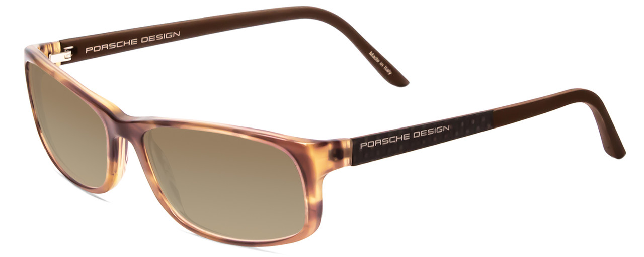 Profile View of Porsche Designs P8243-B Designer Polarized Sunglasses with Custom Cut Amber Brown Lenses in Striped Crystal Brown Matte Unisex Oval Full Rim Acetate 54 mm