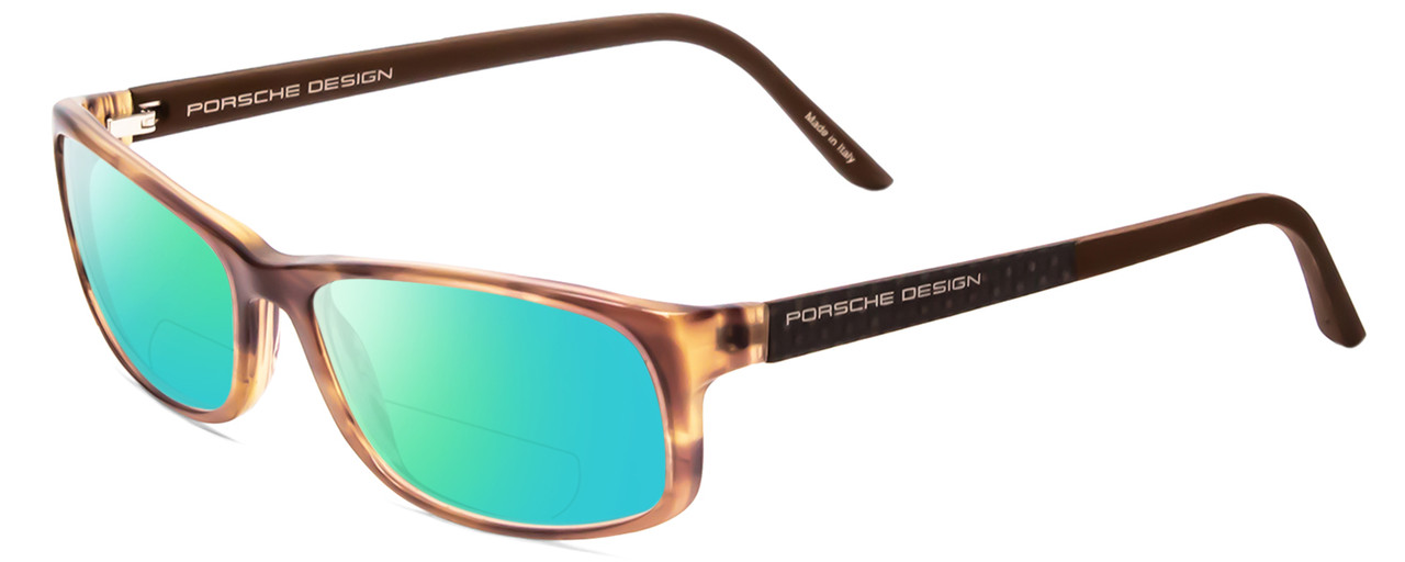 Profile View of Porsche Designs P8243-B Designer Polarized Reading Sunglasses with Custom Cut Powered Green Mirror Lenses in Striped Crystal Brown Matte Unisex Oval Full Rim Acetate 54 mm