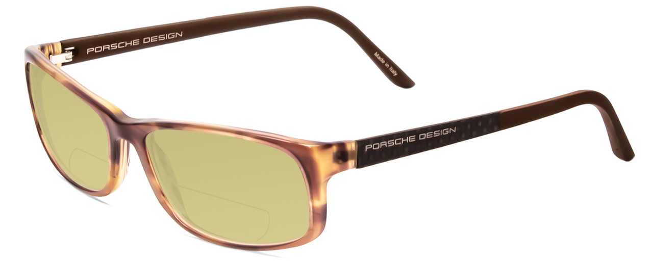 Profile View of Porsche Designs P8243-B Designer Polarized Reading Sunglasses with Custom Cut Powered Sun Flower Yellow Lenses in Striped Crystal Brown Matte Unisex Oval Full Rim Acetate 54 mm