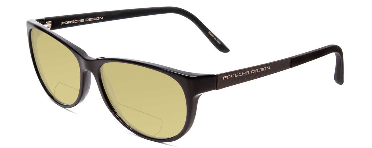 Profile View of Porsche Designs P8246-A Designer Polarized Reading Sunglasses with Custom Cut Powered Sun Flower Yellow Lenses in Black Unisex Oval Full Rim Acetate 56 mm