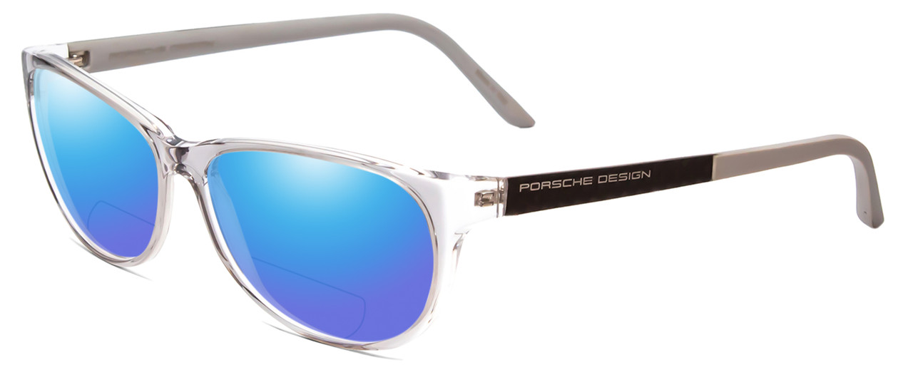 Profile View of Porsche Designs P8246-D Designer Polarized Reading Sunglasses with Custom Cut Powered Blue Mirror Lenses in Crystal Grey Unisex Oval Full Rim Acetate 56 mm