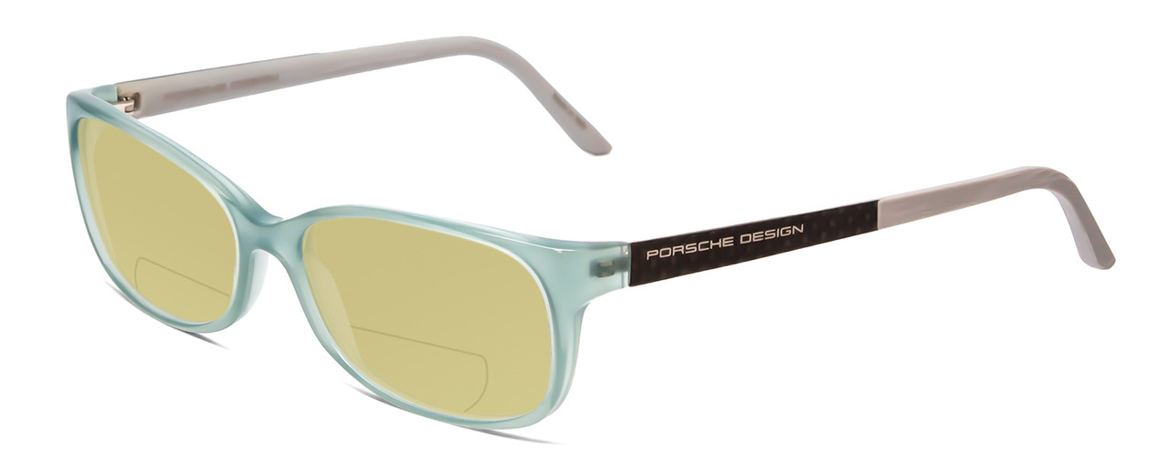 Profile View of Porsche Designs P8247-B Designer Polarized Reading Sunglasses with Custom Cut Powered Sun Flower Yellow Lenses in Crystal Azure Aqua Blue Grey Unisex Oval Full Rim Acetate 55 mm