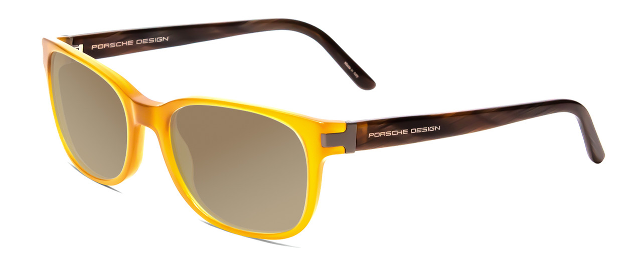 Profile View of Porsche Designs P8250-B Designer Polarized Sunglasses with Custom Cut Amber Brown Lenses in Honey Yellow Orange Chocolate Brown Marble Unisex Oval Full Rim Acetate 55 mm