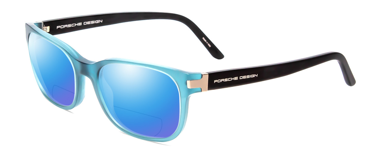 Profile View of Porsche Designs P8250-C Designer Polarized Reading Sunglasses with Custom Cut Powered Blue Mirror Lenses in Crystal Azure Aqua Blue Black Unisex Oval Full Rim Acetate 55 mm