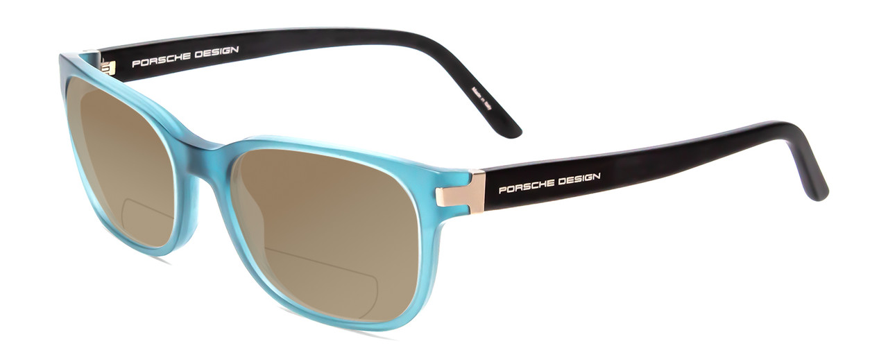 Profile View of Porsche Designs P8250-C Designer Polarized Reading Sunglasses with Custom Cut Powered Amber Brown Lenses in Crystal Azure Aqua Blue Black Unisex Oval Full Rim Acetate 55 mm