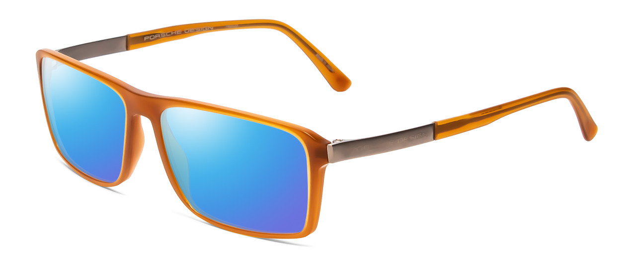 Profile View of Porsche Designs P8259-C Designer Polarized Sunglasses with Custom Cut Blue Mirror Lenses in Matte Crystal Amber Brown Unisex Square Full Rim Acetate 57 mm