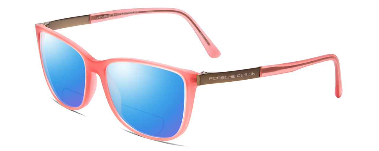 Profile View of Porsche Designs P8266-D Designer Polarized Reading Sunglasses with Custom Cut Powered Blue Mirror Lenses in Crystal Rose Gold Pink Unisex Cateye Full Rim Acetate 54 mm