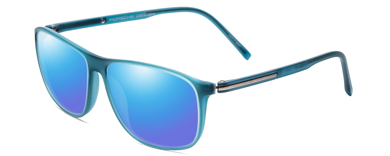 Profile View of Porsche Designs P8278-B Designer Polarized Sunglasses with Custom Cut Blue Mirror Lenses in Crystal Azure Turquoise Blue Unisex Square Full Rim Acetate 56 mm