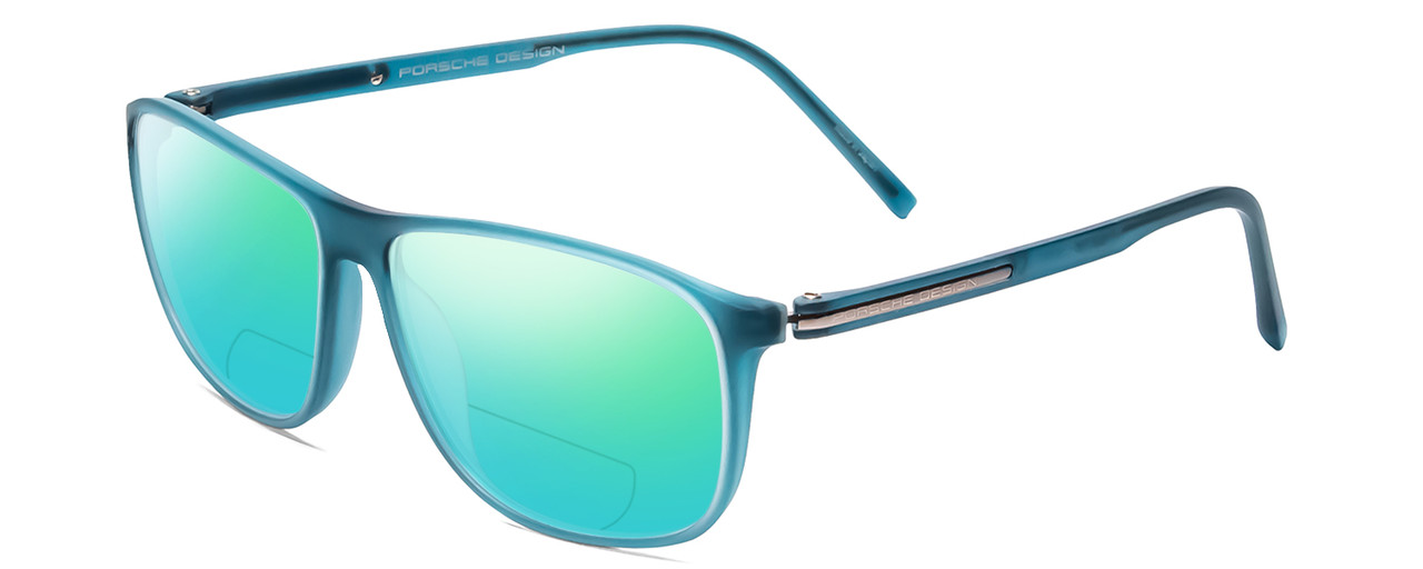 Profile View of Porsche Designs P8278-B Designer Polarized Reading Sunglasses with Custom Cut Powered Green Mirror Lenses in Crystal Azure Turquoise Blue Unisex Square Full Rim Acetate 56 mm