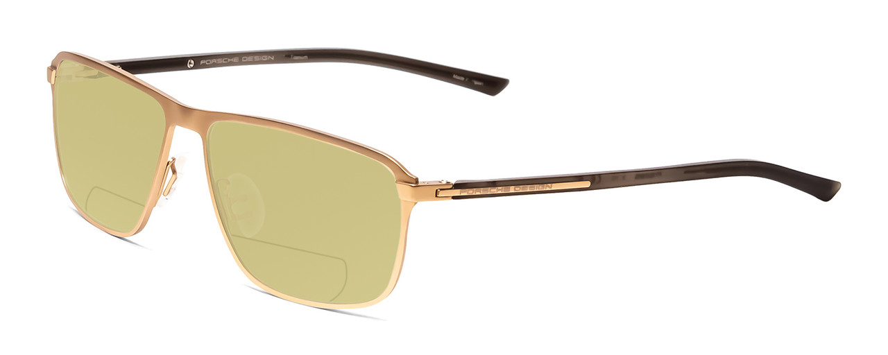 Profile View of Porsche Designs P8285-B Designer Polarized Reading Sunglasses with Custom Cut Powered Sun Flower Yellow Lenses in Satin Gold Black Unisex Square Full Rim Titanium 56 mm
