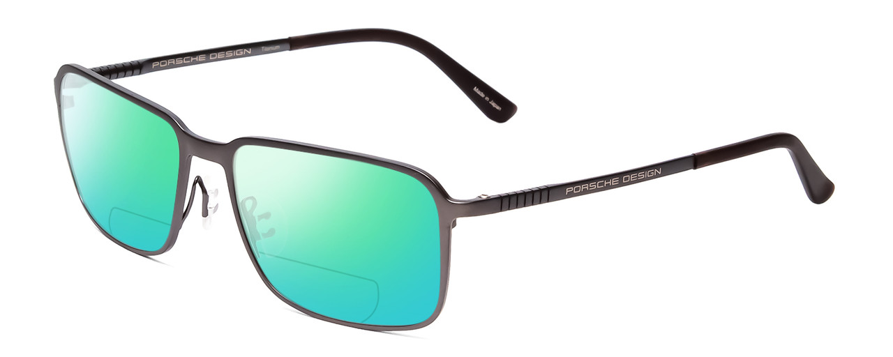 Profile View of Porsche Designs P8293-D Designer Polarized Reading Sunglasses with Custom Cut Powered Green Mirror Lenses in Satin Blue Grey Matte Unisex Square Full Rim Titanium 55 mm