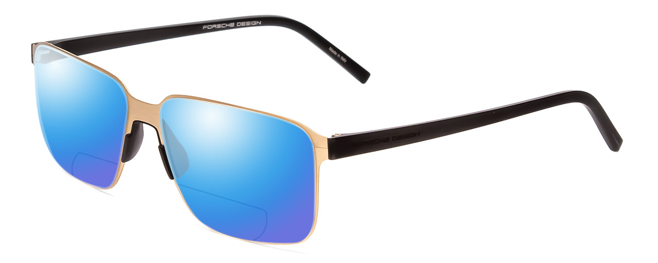 Profile View of Porsche Designs P8313-B Designer Polarized Reading Sunglasses with Custom Cut Powered Blue Mirror Lenses in Satin Gold Black Unisex Square Full Rim Metal 57 mm