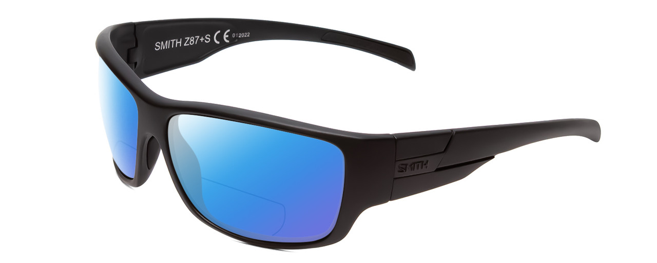 Profile View of Smith Optics Frontman Designer Polarized Reading Sunglasses with Custom Cut Powered Blue Mirror Lenses in Matte Black Unisex Wrap Full Rim Acetate 61 mm