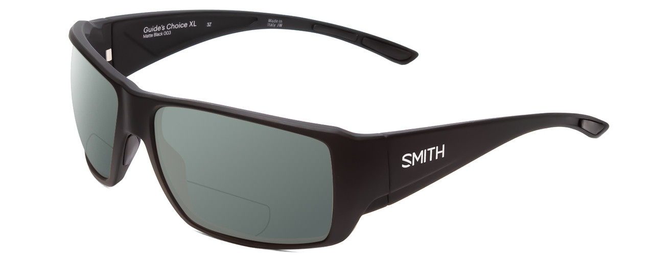 Profile View of Smith Optics Guides Choice Designer Polarized Reading Sunglasses with Custom Cut Powered Smoke Grey Lenses in Matte Black Unisex Rectangle Full Rim Acetate 63 mm