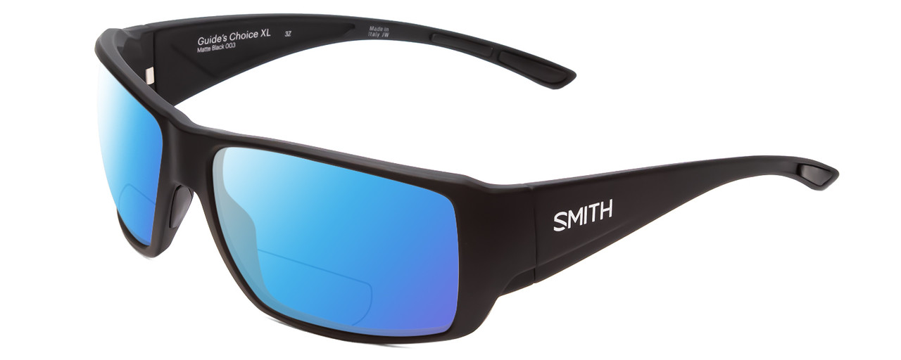 Profile View of Smith Optics Guides Choice Designer Polarized Reading Sunglasses with Custom Cut Powered Blue Mirror Lenses in Matte Black Unisex Rectangle Full Rim Acetate 63 mm