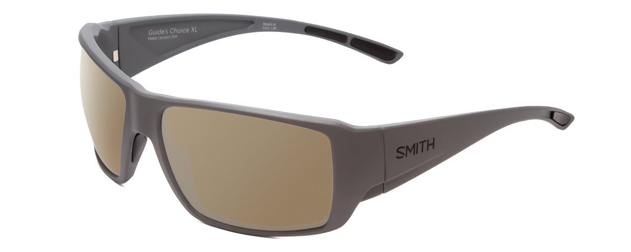Profile View of Smith Optics Guides Choice Designer Polarized Sunglasses with Custom Cut Amber Brown Lenses in Matte Cement Grey Unisex Rectangle Full Rim Acetate 63 mm