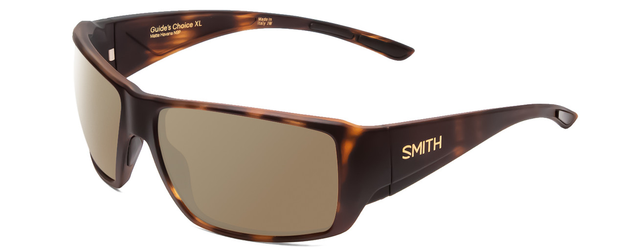 Profile View of Smith Optics Guides Choice Designer Polarized Sunglasses with Custom Cut Amber Brown Lenses in Matte Tortoise Havana Gold Unisex Rectangle Full Rim Acetate 63 mm