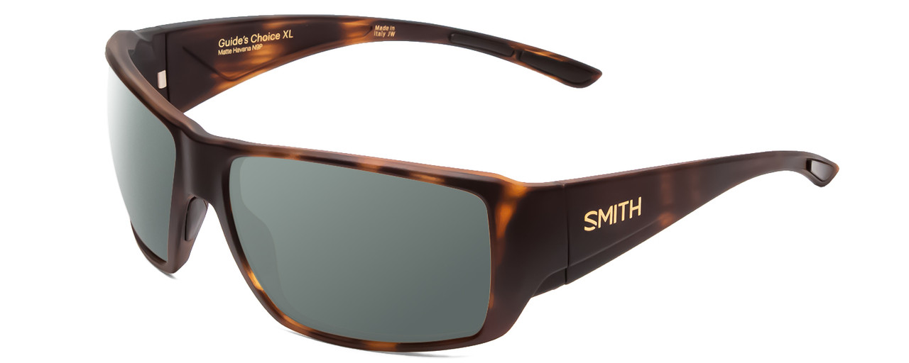 Profile View of Smith Optics Guides Choice Designer Polarized Sunglasses with Custom Cut Smoke Grey Lenses in Matte Tortoise Havana Gold Unisex Rectangle Full Rim Acetate 63 mm