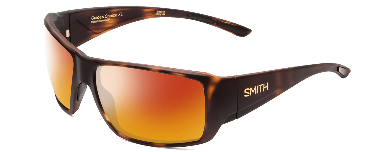 Profile View of Smith Optics Guides Choice Designer Polarized Sunglasses with Custom Cut Red Mirror Lenses in Matte Tortoise Havana Gold Unisex Rectangle Full Rim Acetate 63 mm