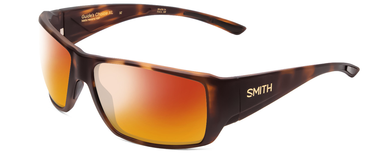 Profile View of Smith Optics Guides Choice Designer Polarized Sunglasses with Custom Cut Red Mirror Lenses in Matte Tortoise Havana Gold Unisex Rectangle Full Rim Acetate 63 mm